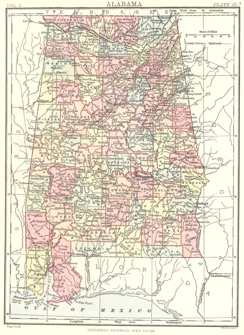 ALABAMA. Showing counties. Britannica 9th edition 1898 old antique map chart