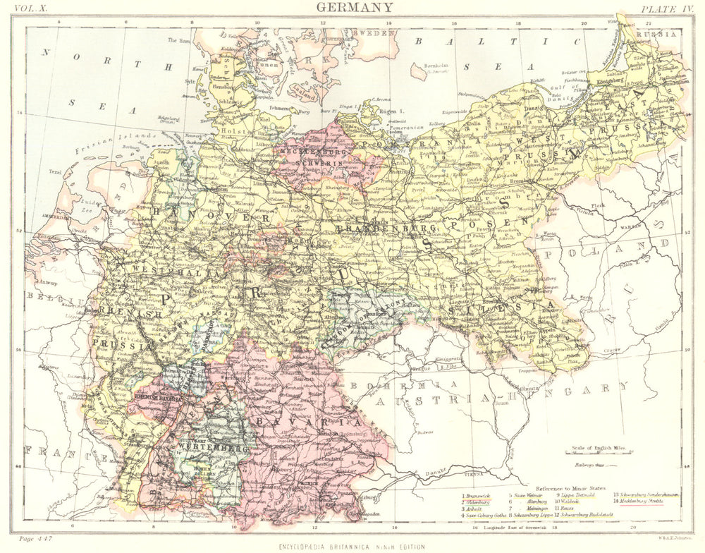 GERMANY. Showing states. Britannica 9th edition 1898 old antique map chart