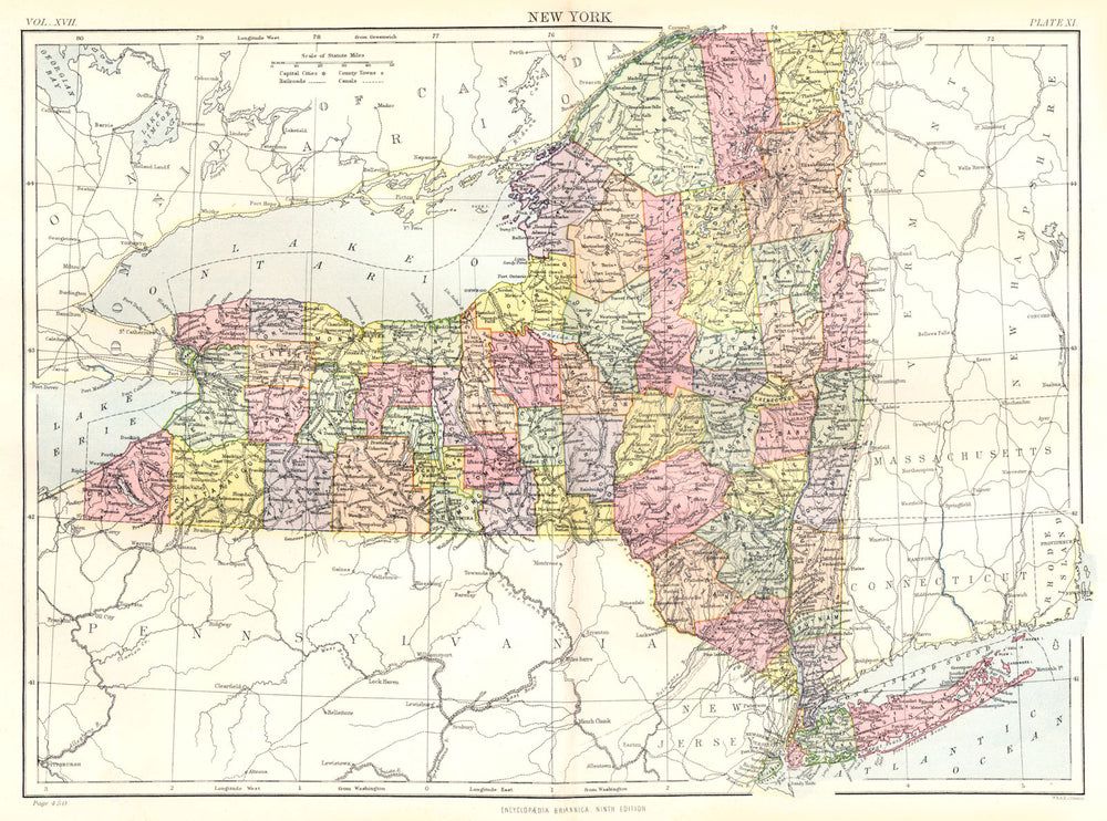 NEW YORK. State map showing counties. Britannica 9th edition 1898 old