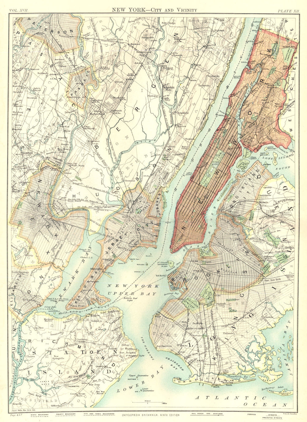 NEW YORK. New York City & Vicinity. Manhattan. Jersey City. Britannica. 1898 map