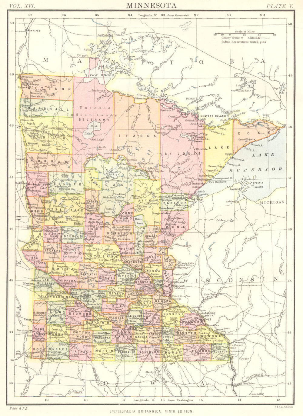 MINNESOTA. State map showing counties. Britannica 9th edition 1898 old