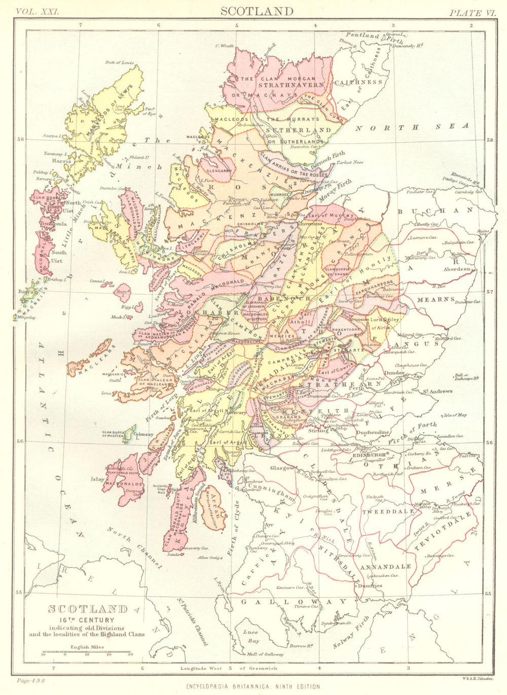 16TH CENTURY SCOTLAND. Showing old divisions localities Highland Clans. 1898 map