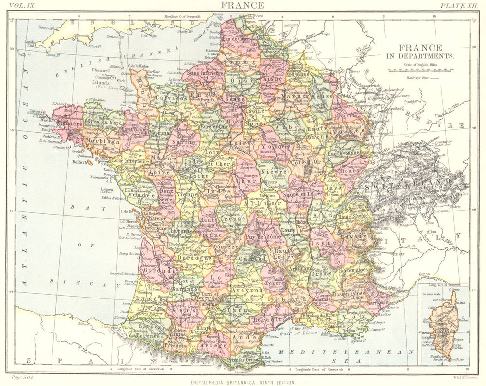 FRANCE. departments departements; Inset Corsica. Britannica 9th edition 1898 map