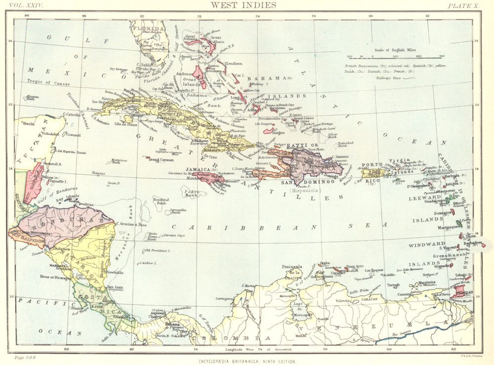 CARIBBEAN. West Indies & Central America. Britannica 9th edition 1898 old map