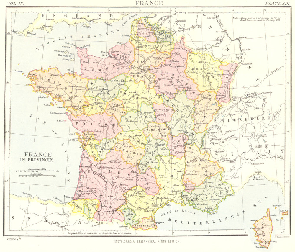 FRANCE. in Provinces. Britannica 9th edition 1898 old antique map plan chart