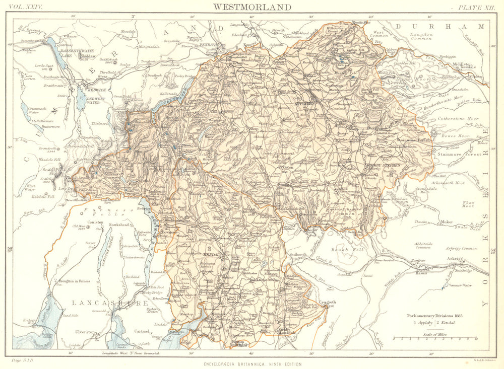 WESTMORLAND. Westmoreland. Britannica 9th edition County map 1898 old