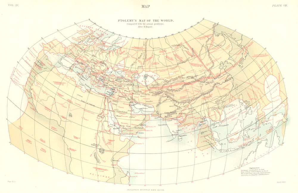 PTOLEMY'S WORLD MAP. Compared with actual positions. Kiepert. Britannica 1898