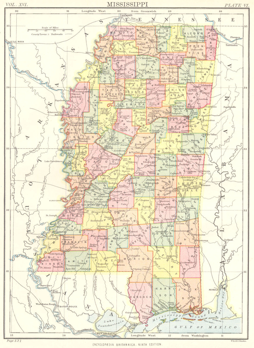 MISSISSIPPI. State map showing counties. Britannica 9th edition 1898 old