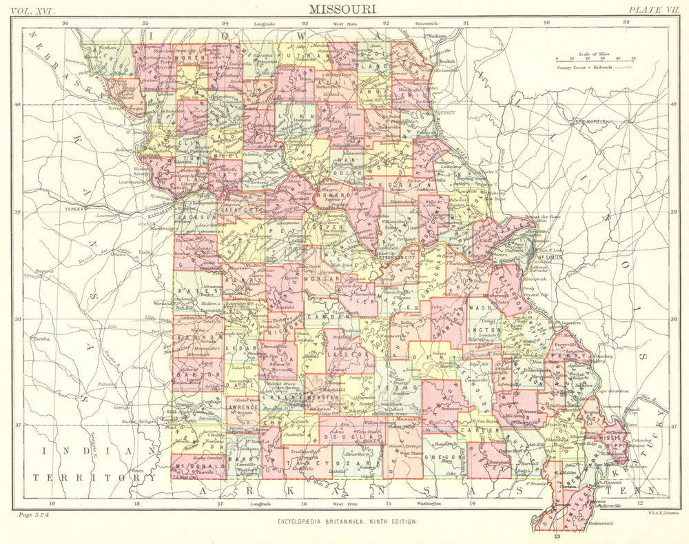 MISSOURI. State map showing counties. Britannica 9th edition 1898 old