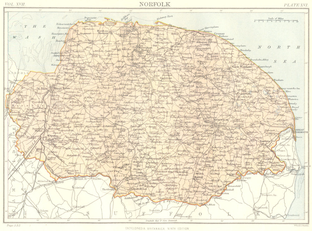 NORFOLK. Britannica 9th edition County map 1898 old antique plan chart