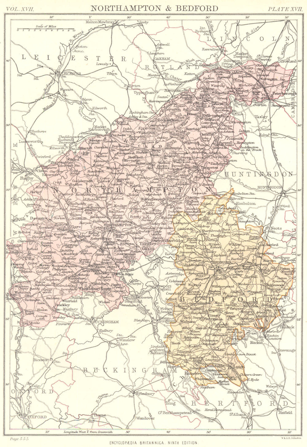 NORTHAMPTONSHIRE & BEDFORDSHIRE. Britannica 9th edition County map 1898