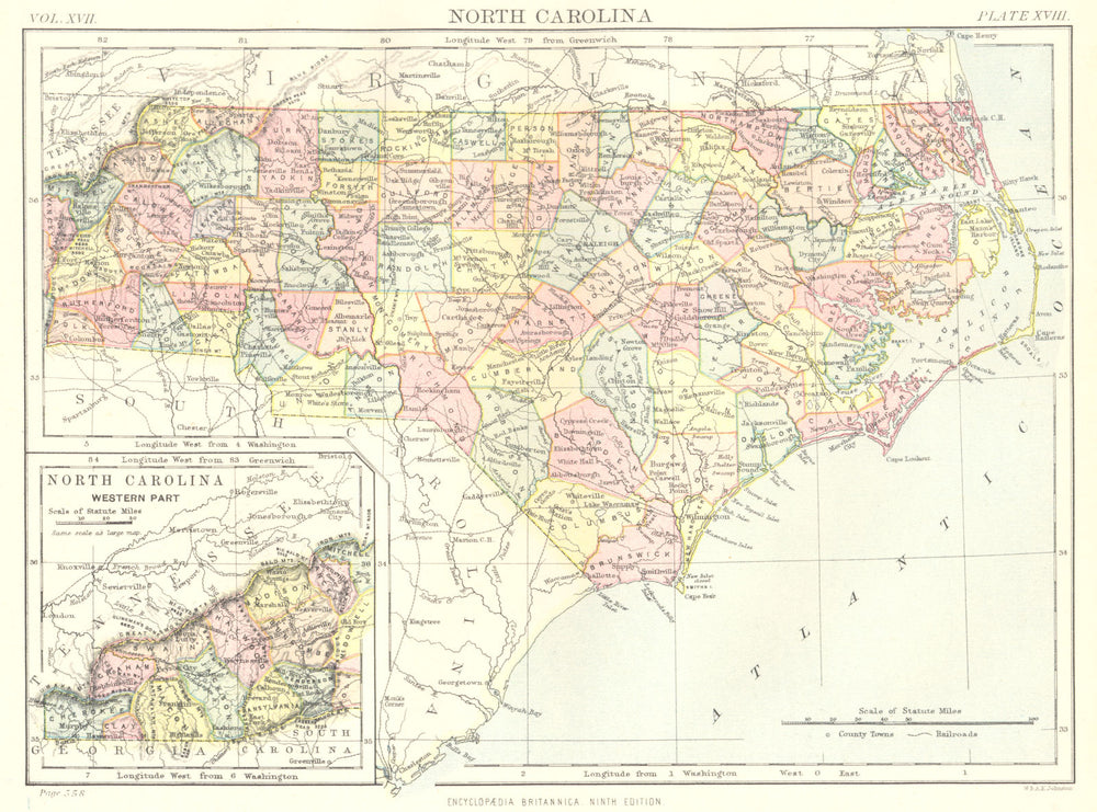 NORTH CAROLINA. State map showing counties. Britannica 9th edition 1898