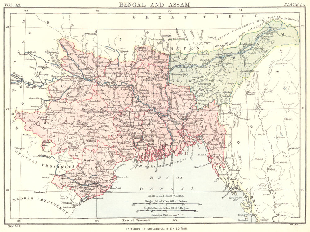 INDIA BANGLADESH. Bengal and Assam. Britannica 9th edition 1898 old map