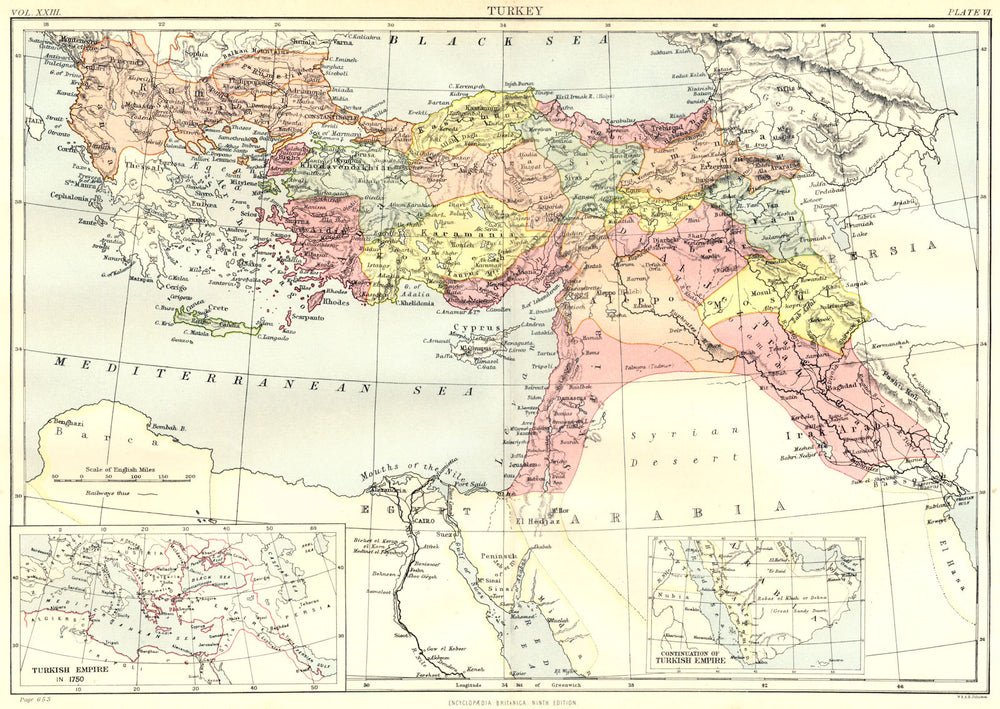 TURKEY. Inset Turkish Ottoman empire in 1750. Britannica 9th edition 1898 map