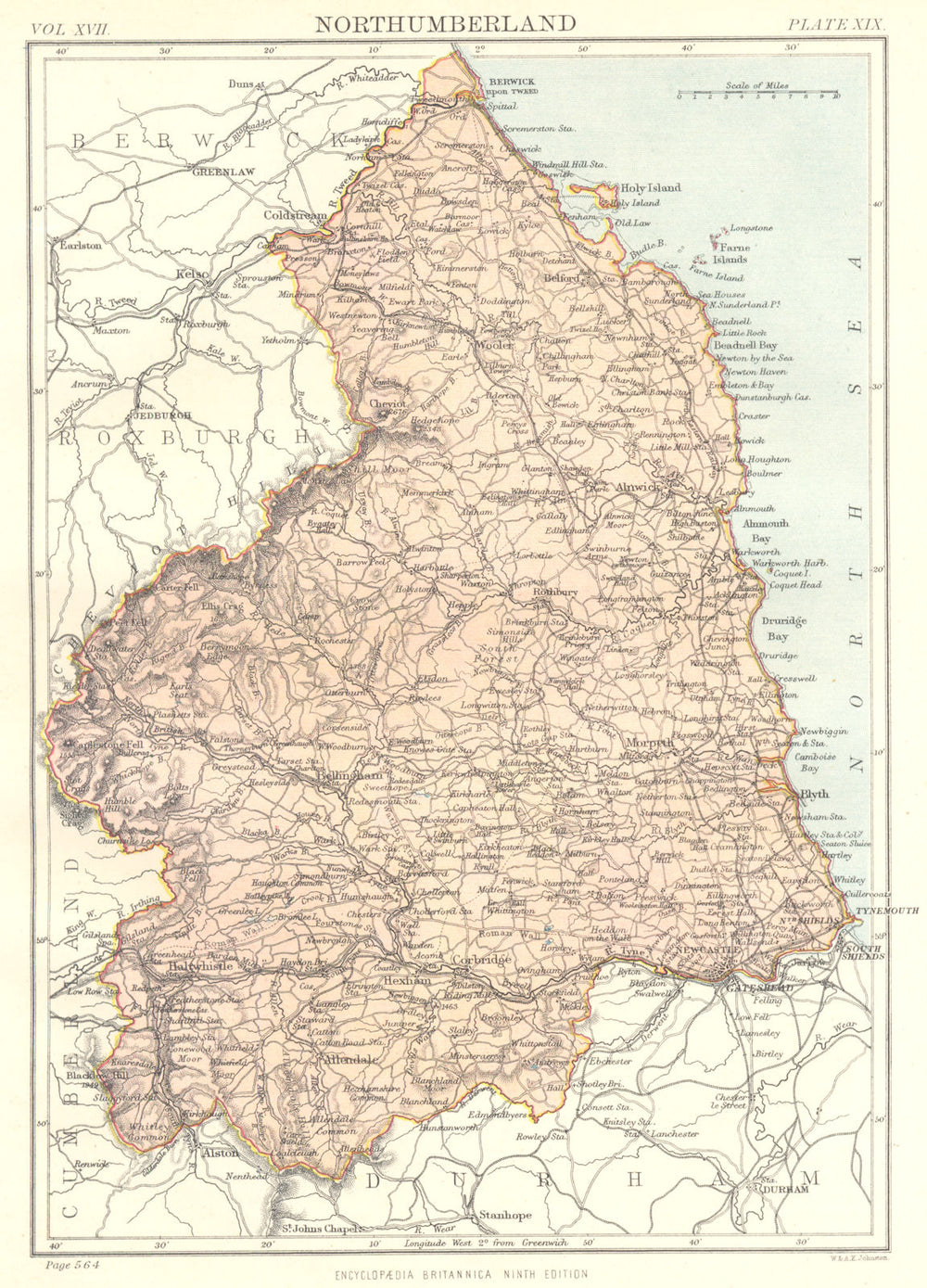 NORTHUMBERLAND. Britannica 9th edition County map 1898 old antique chart