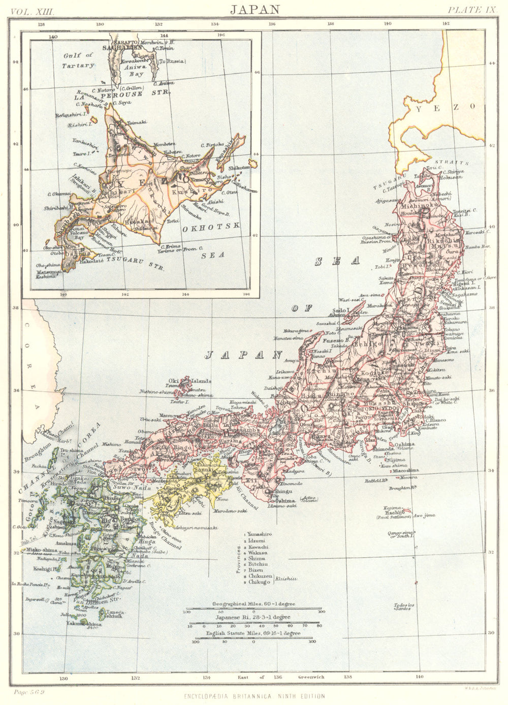 JAPAN. Showing provinces. Inset map of Yezo Okhotsk Sea. Britannica 1898