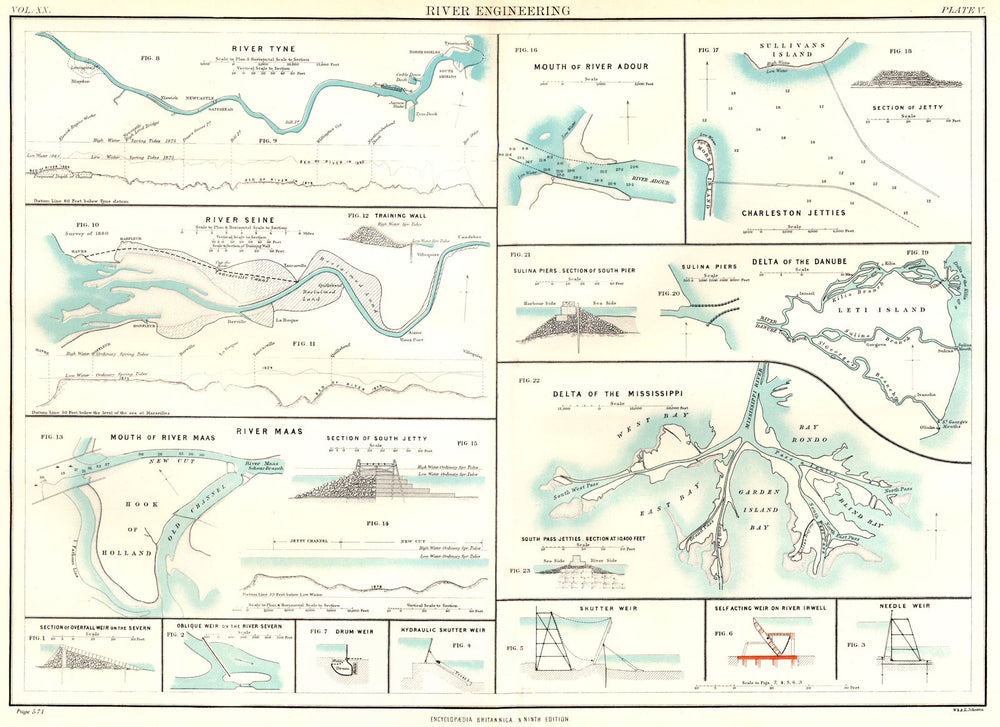 RIVER ENGINEERING. Tyne Adour Seine Danube Maas Mississippi Charleston 1898 map