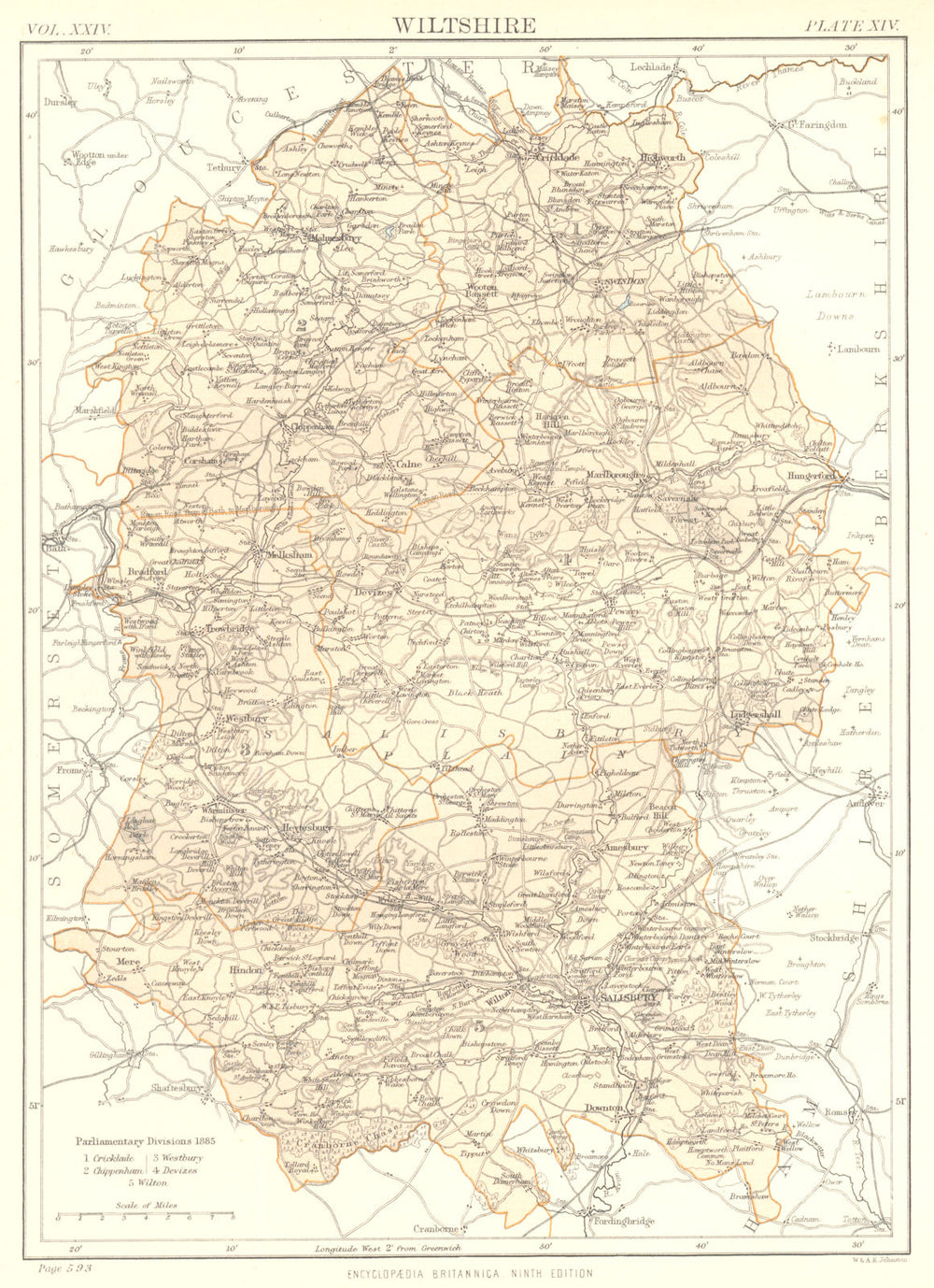 WILTSHIRE. Showing 1885 Parliamentary divisions. Britannica. County map 1898