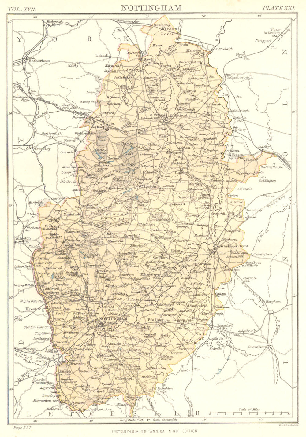 NOTTINGHAMSHIRE. Britannica 9th edition County map 1898 old antique chart