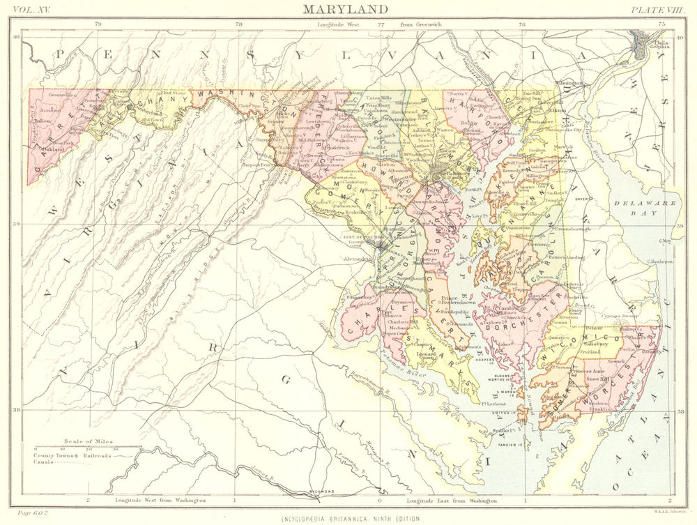 MARYLAND. State map showing counties. Britannica 9th edition 1898 old