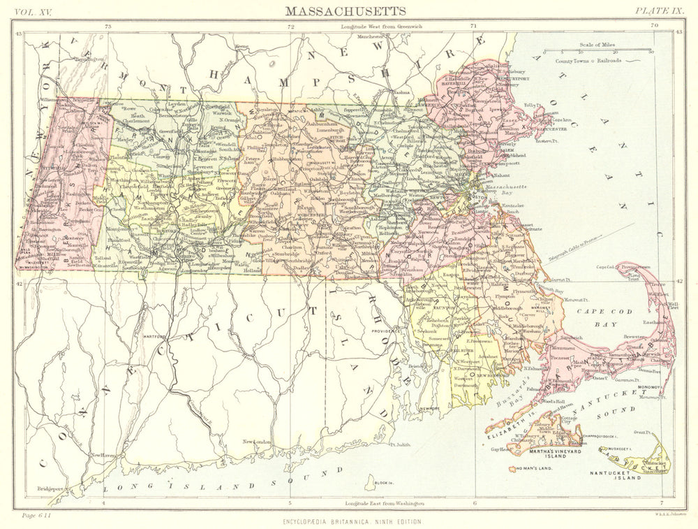 MASSACHUSETTS. State map showing counties. Britannica 9th edition 1898 old