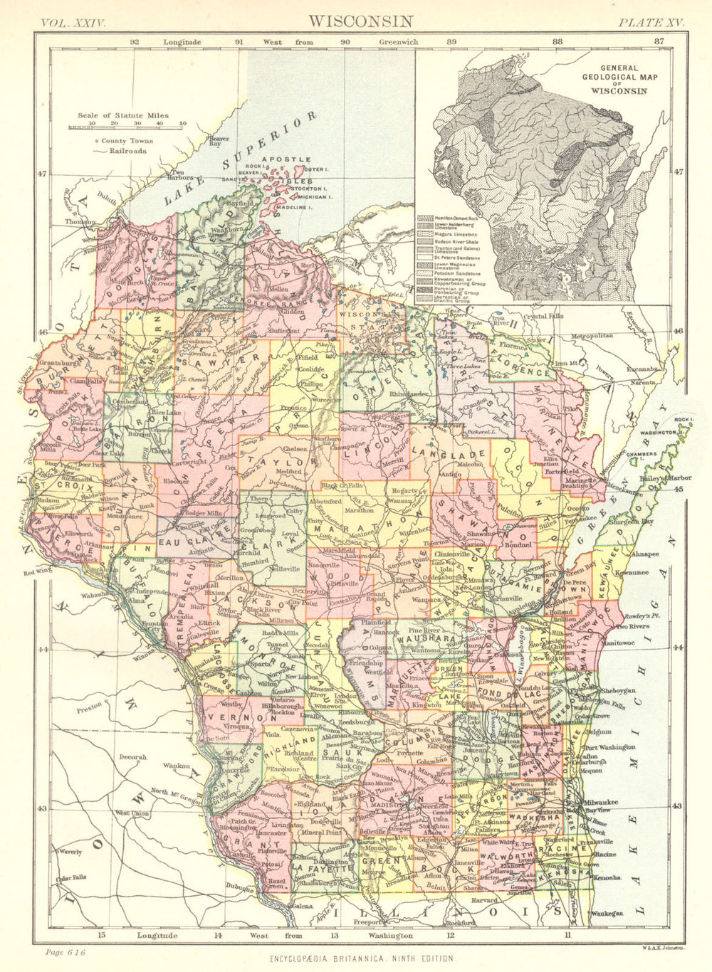 WISCONSIN. State map showing counties. Inset Geological. Britannica 9th ed. 1898