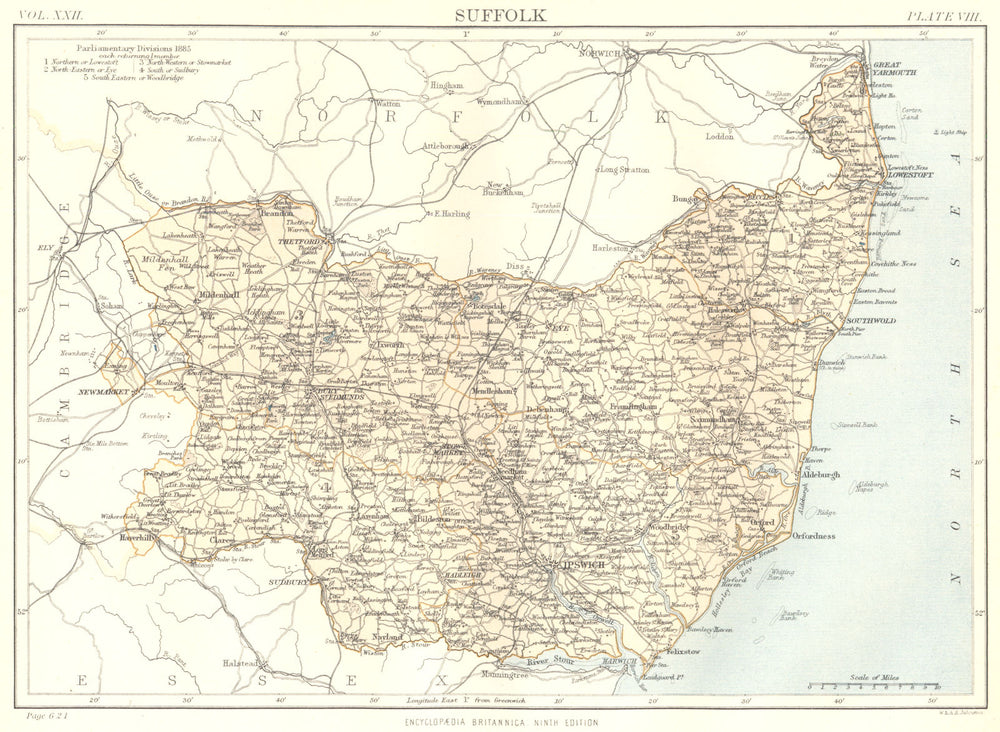 SUFFOLK. Showing 1885 Parliamentary divisions. Britannica 9th ed.County map 1898