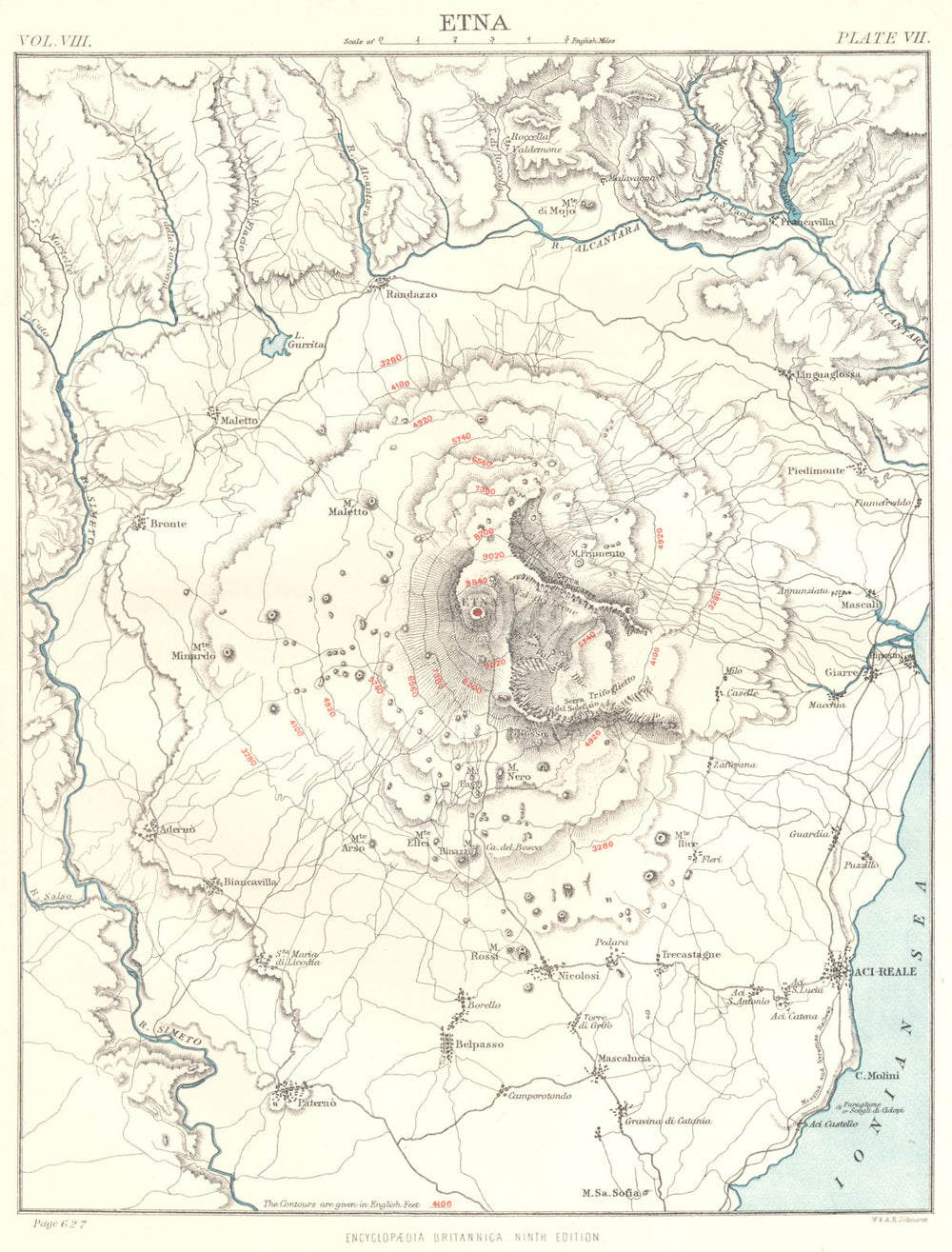 ETNA. Italy.  Britannica 9th edition 1898 old antique vintage map plan chart