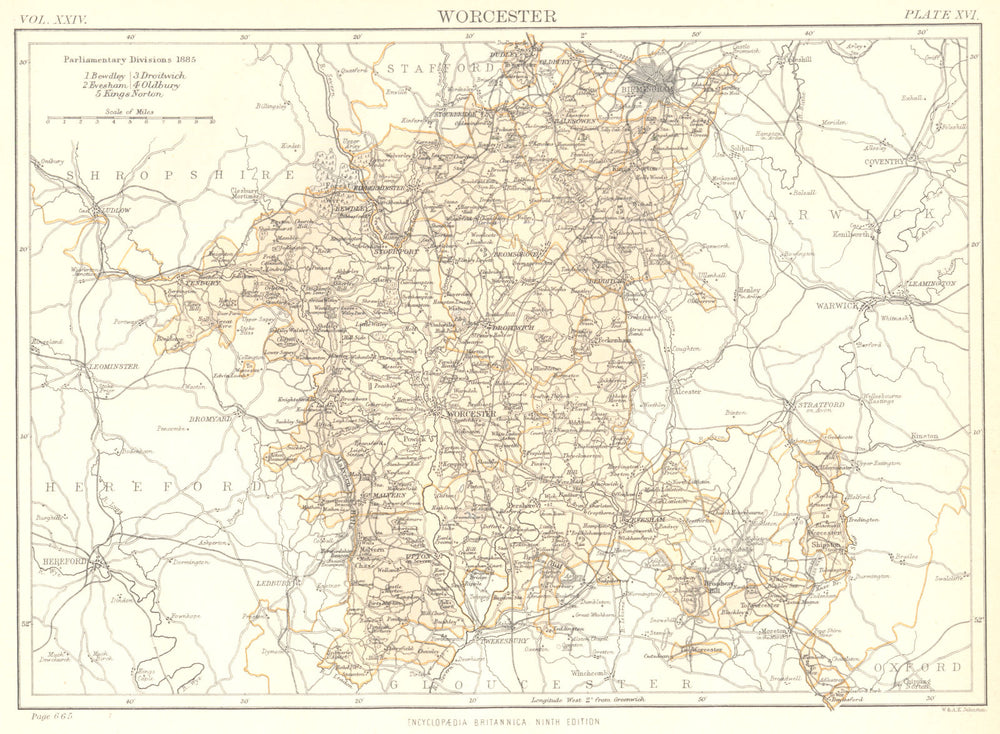 WORCESTERSHIRE. Showing 1885 Parliamentary divisions. Britannica.County map 1898