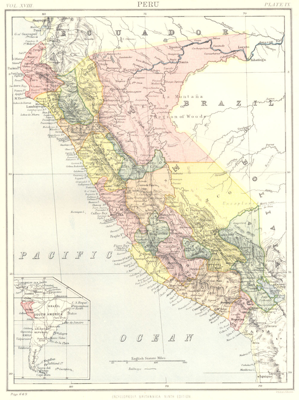 PERU. Inset South America. Britannica 9th edition 1898 old antique map chart