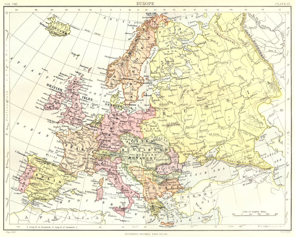 EUROPE. Britannica 9th edition 1898 old antique vintage map plan chart