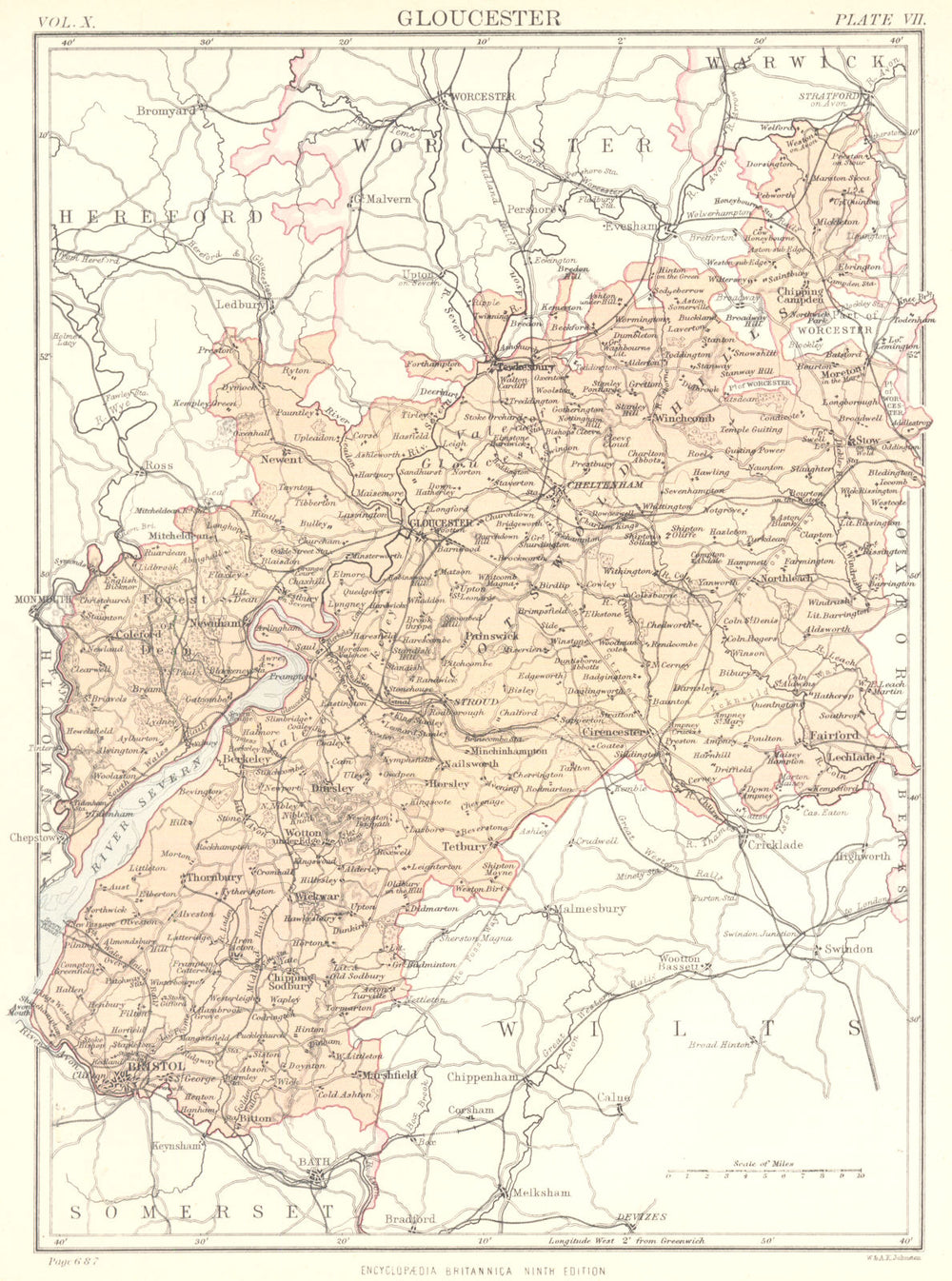 GLOUCESTERSHIRE. Britannica 9th edition County map 1898 old antique chart