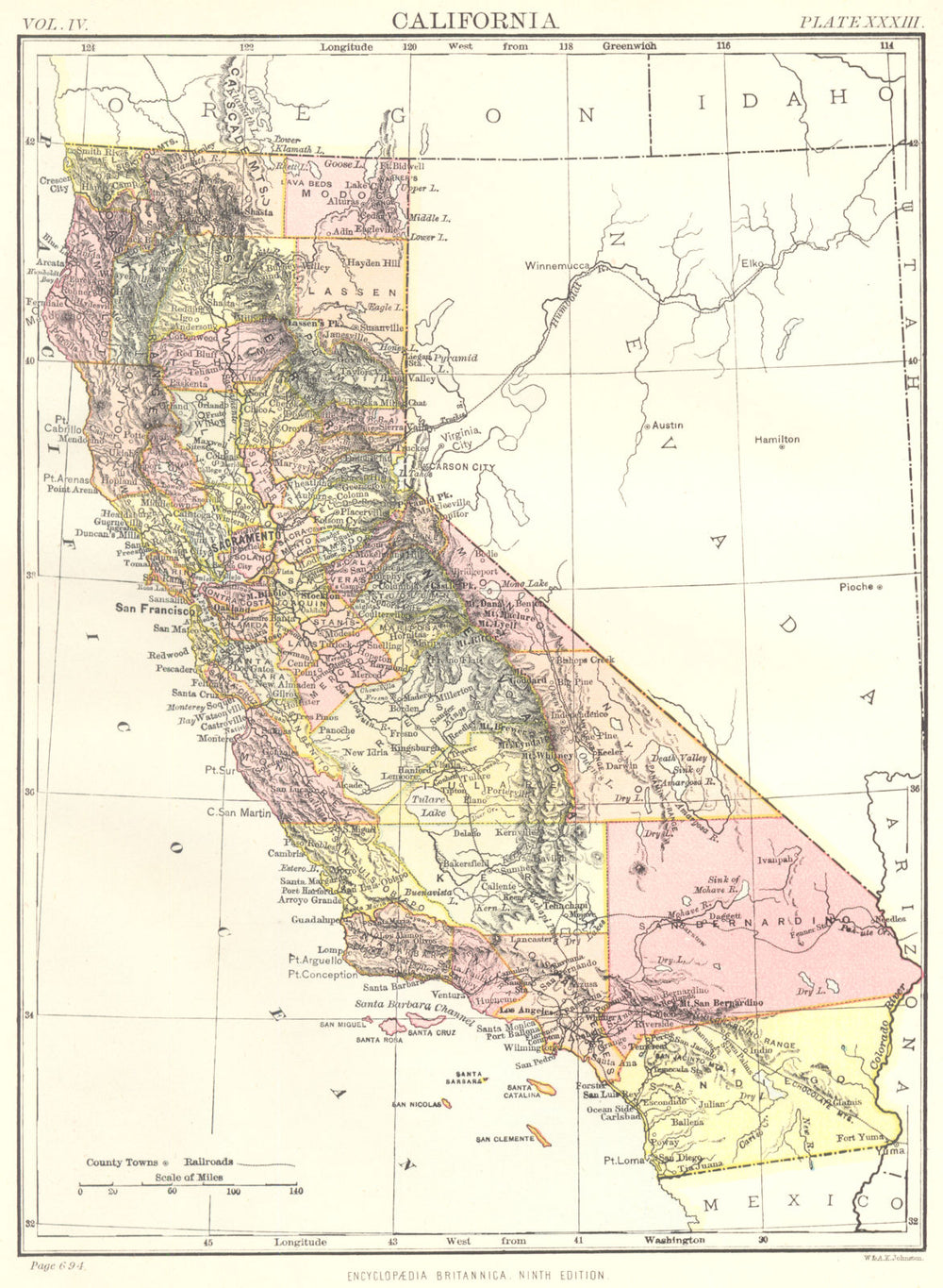 CALIFORNIA. State map showing counties. Britannica 9th edition 1898 old