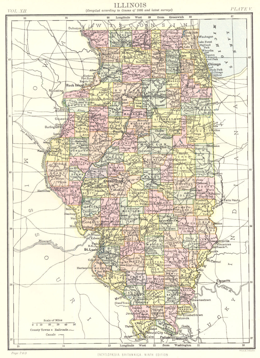ILLINOIS. State map showing counties. Britannica 9th edition 1898 old