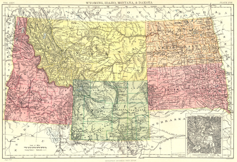 WYOMING IDAHO DAKOTA MONTANA. Inset Yellowstone Park. Britannica 1898 old map
