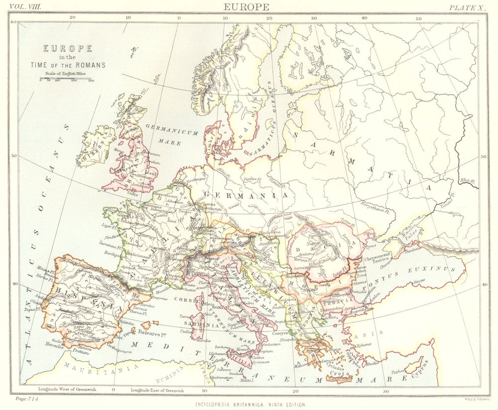 EUROPE. Europe in the time of the Romans. Britannica 9th edition 1898 old map