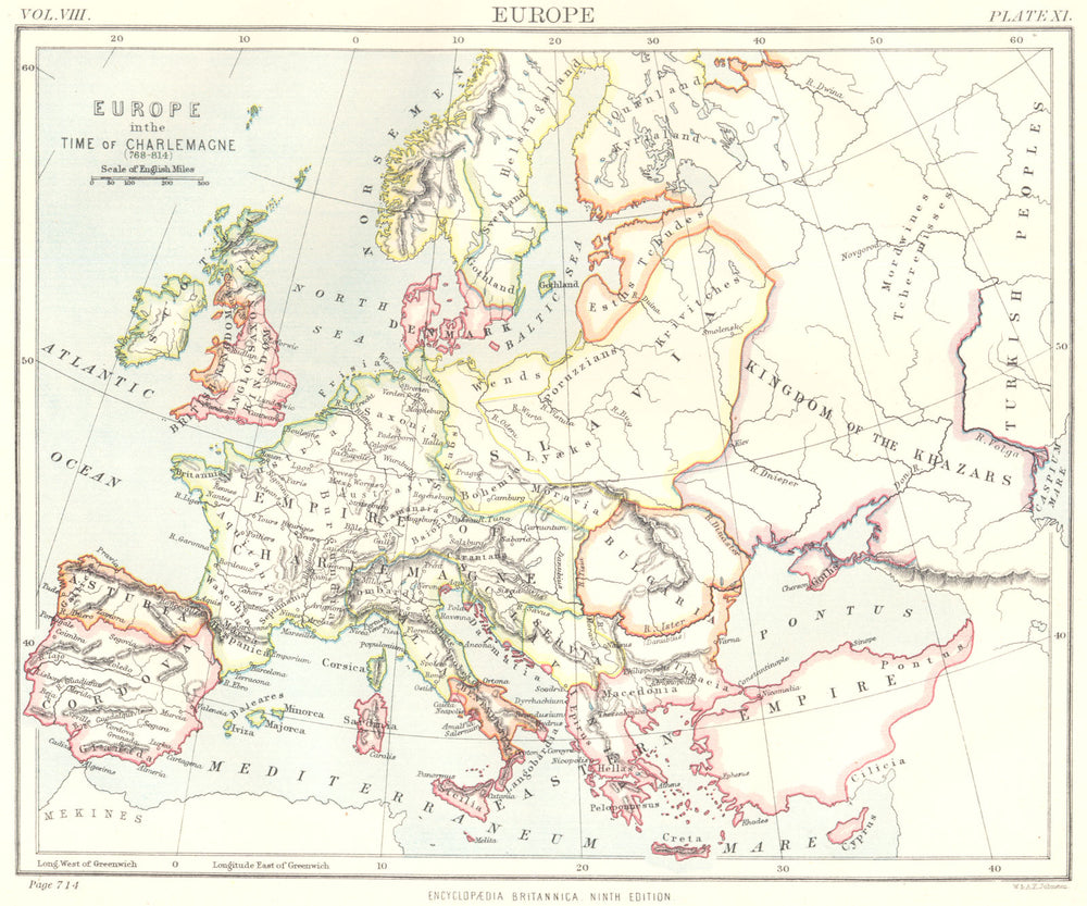 EUROPE. in the time of Charlemagne (768- 814) . Britannica 9th edition 1898 map