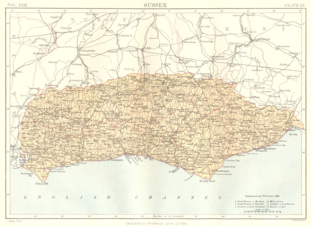 SUSSEX. Showing 1885 Parliamentary divisions. Britannica. County map 1898