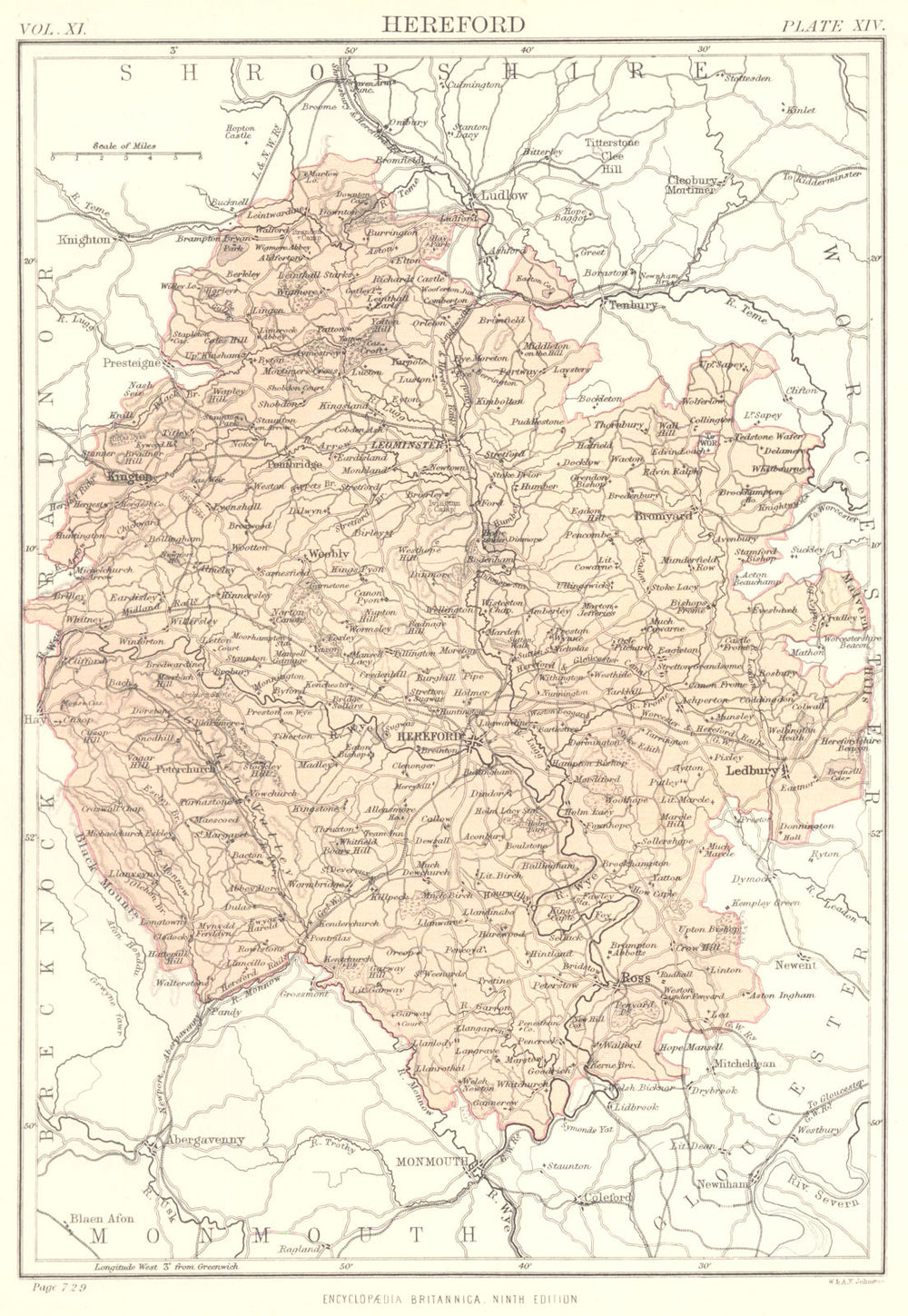 HEREFORDSHIRE. Britannica 9th edition County map 1898 old antique chart