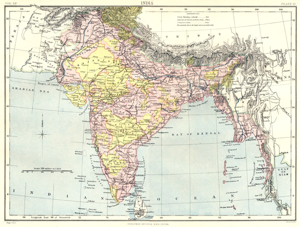 INDIA. Showing British, Native & Independent states. Britannica 9th edi 1898 map
