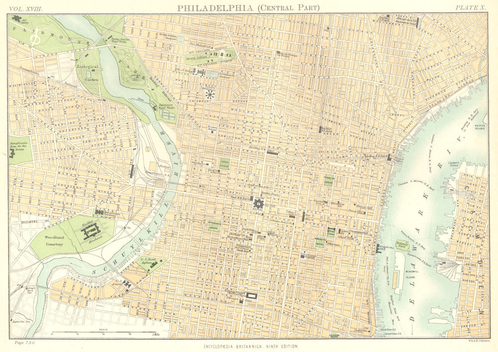 PHILADELPHIA. City map plan. Central part. Pennsylvania. Britannica. 1898