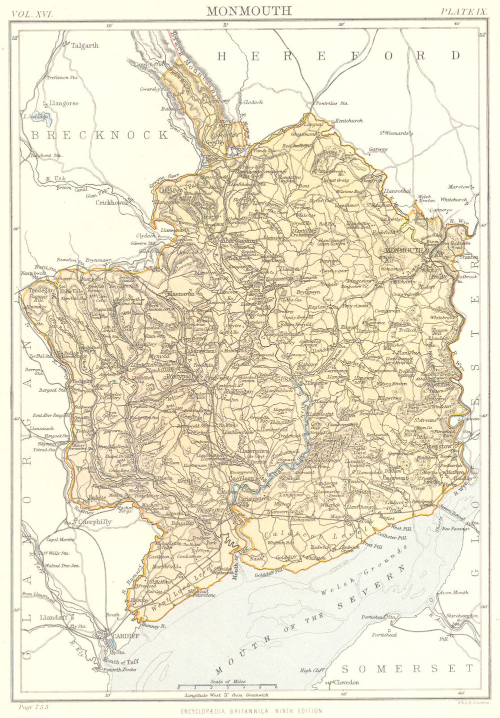 MONMOUTHSHIRE. Wales. Britannica 9th edition 1898 old antique map plan chart