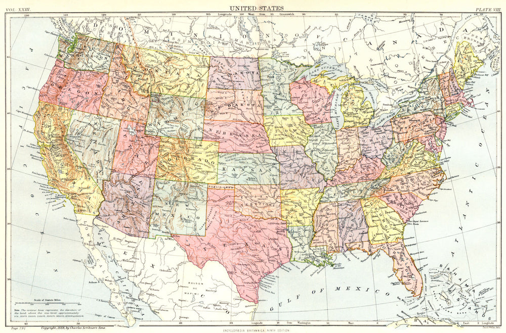 USA. United States. Showing states. Britannica 9th edition 1898 old map