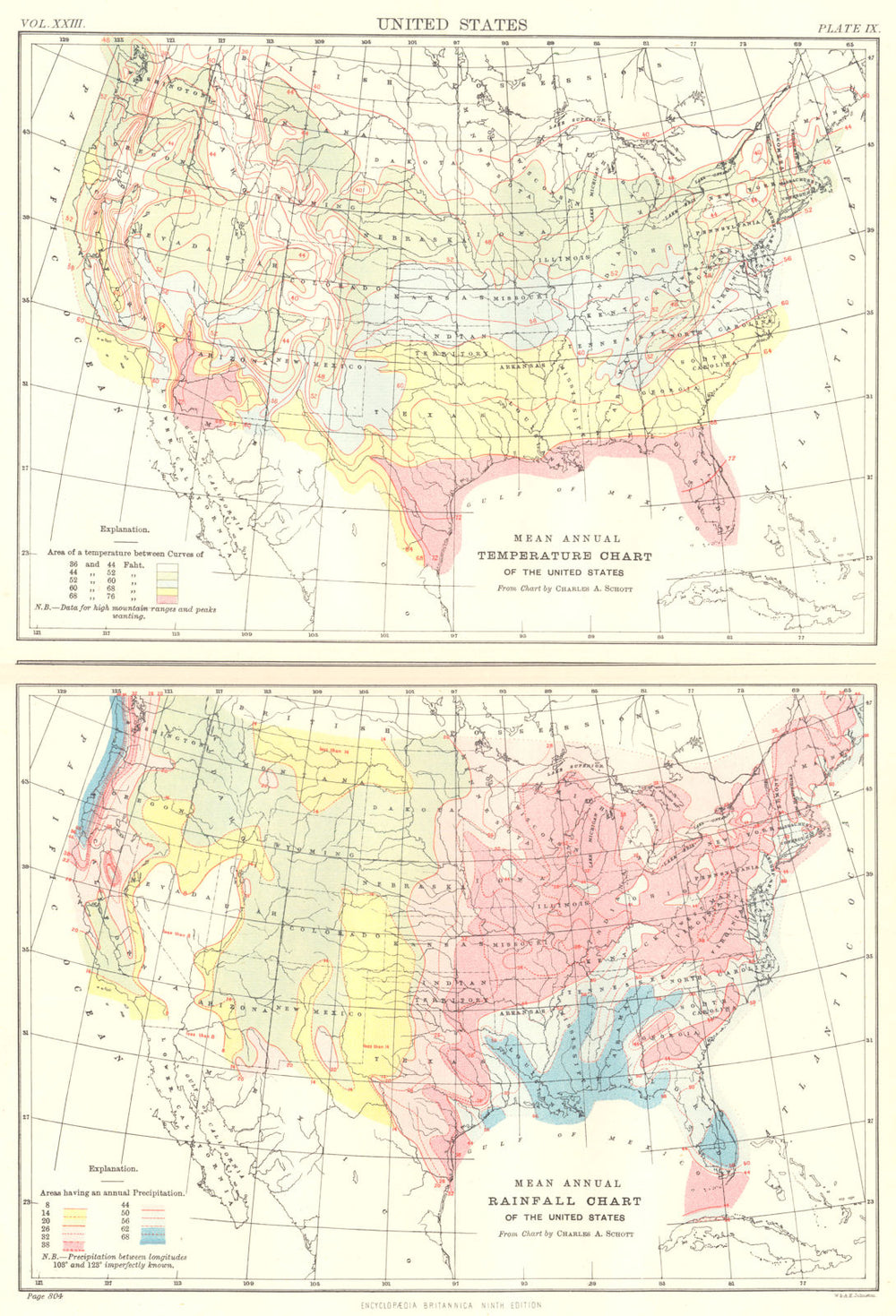 USA. Mean annual temperature chart; rainfall. Britannica 9th edition 1898 map