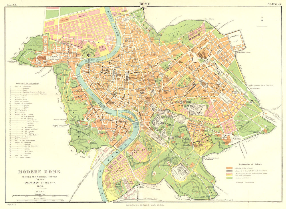 MODERN ROME. Scheme for enlargement of city 1885.Britannica 9th edition 1898 map