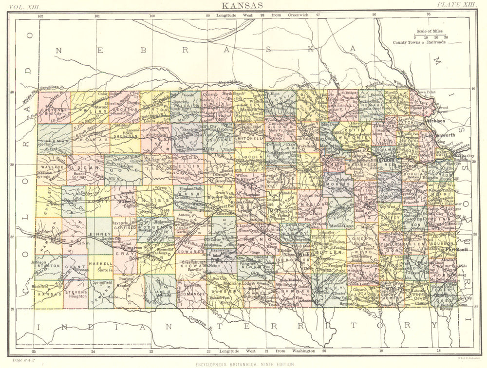 KANSAS. State map showing counties. Britannica 9th edition 1898 old