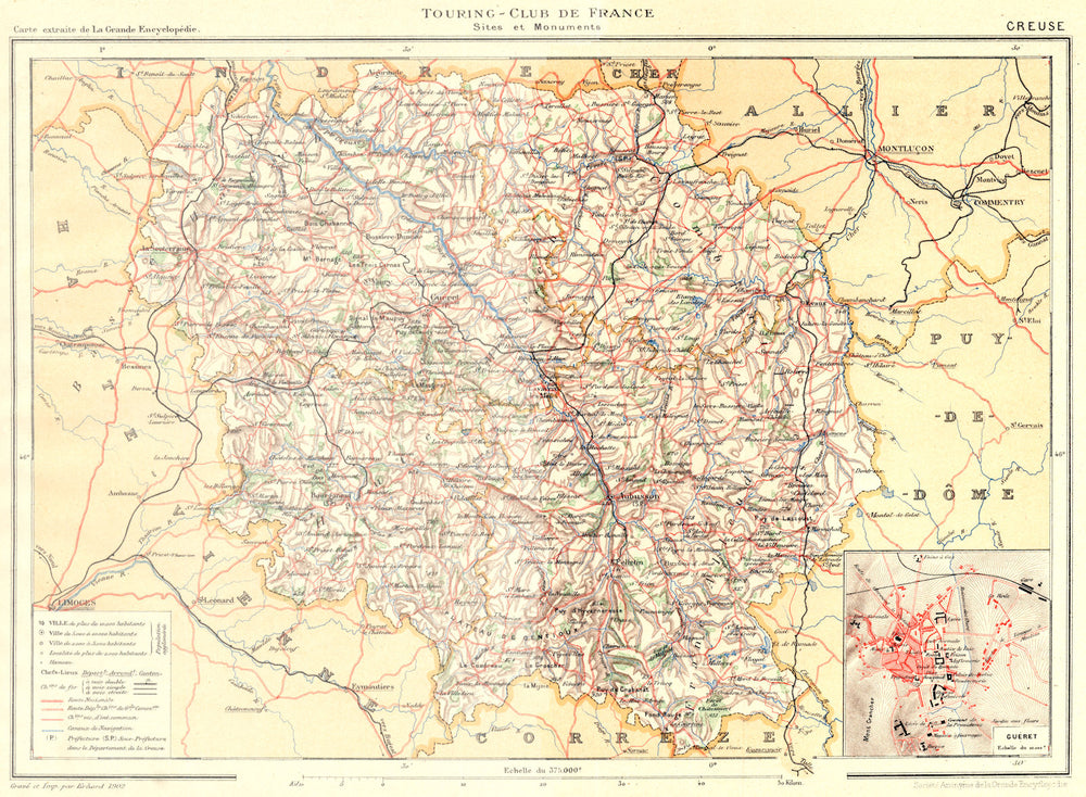 CREUSE. Département. Département. Inset plan of Guéret 1904 old antique map