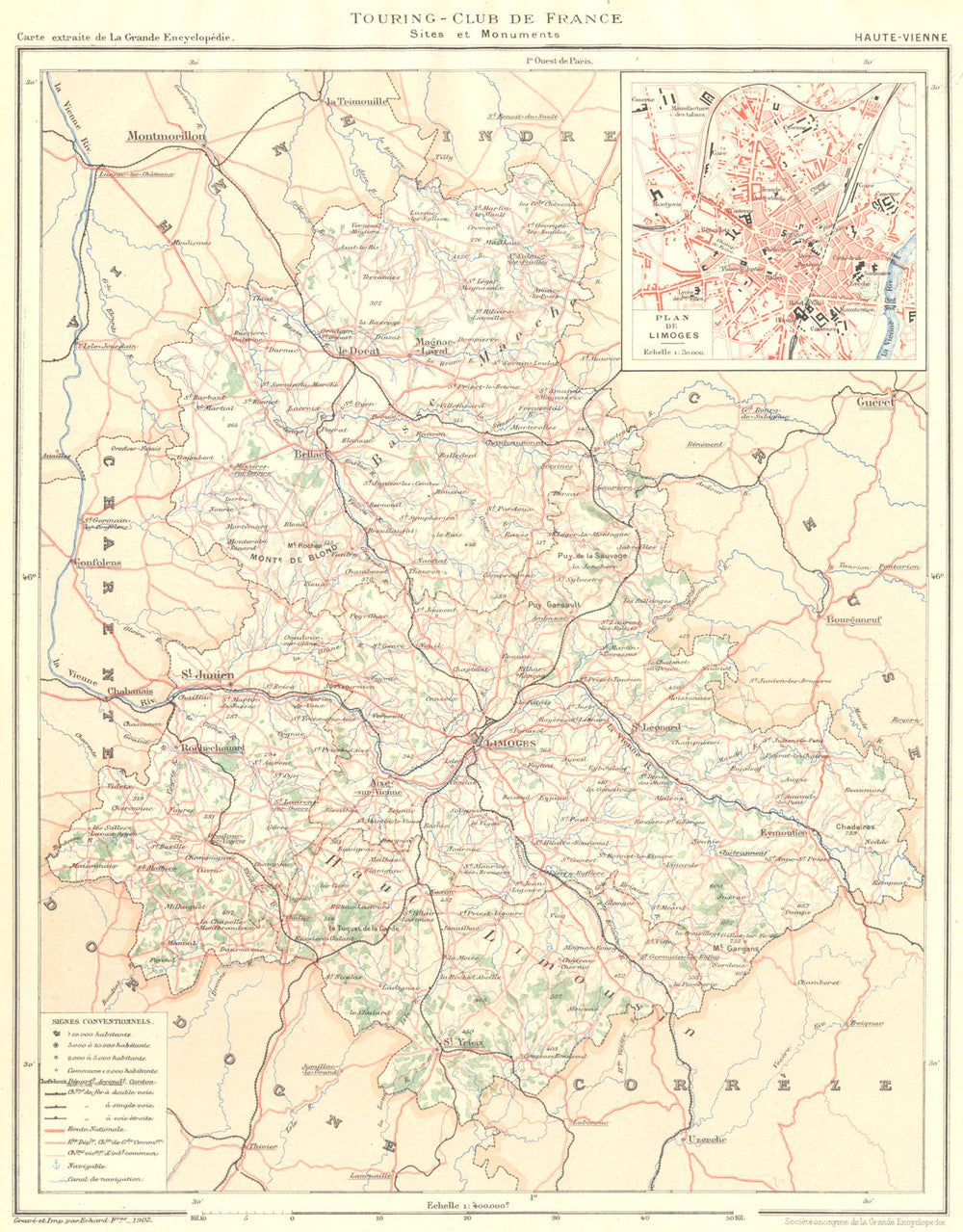 HAUTE-VIENNE. Département. Limoges 1904 old antique vintage map plan chart