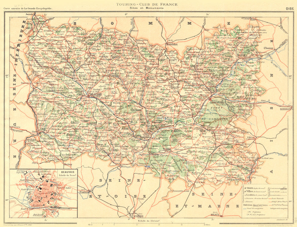 OISE. Département. Inset Beauvais 1902 old antique vintage map plan chart