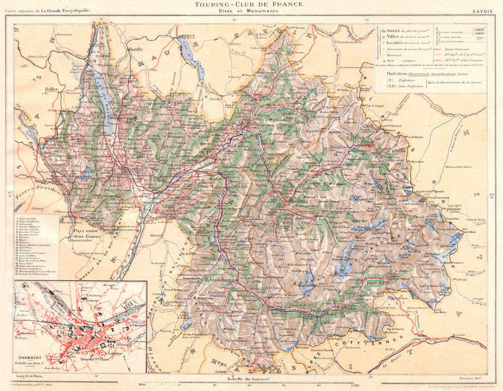 SAVOIE. Département. Inset city town map plan of Chambéry 1903 old antique